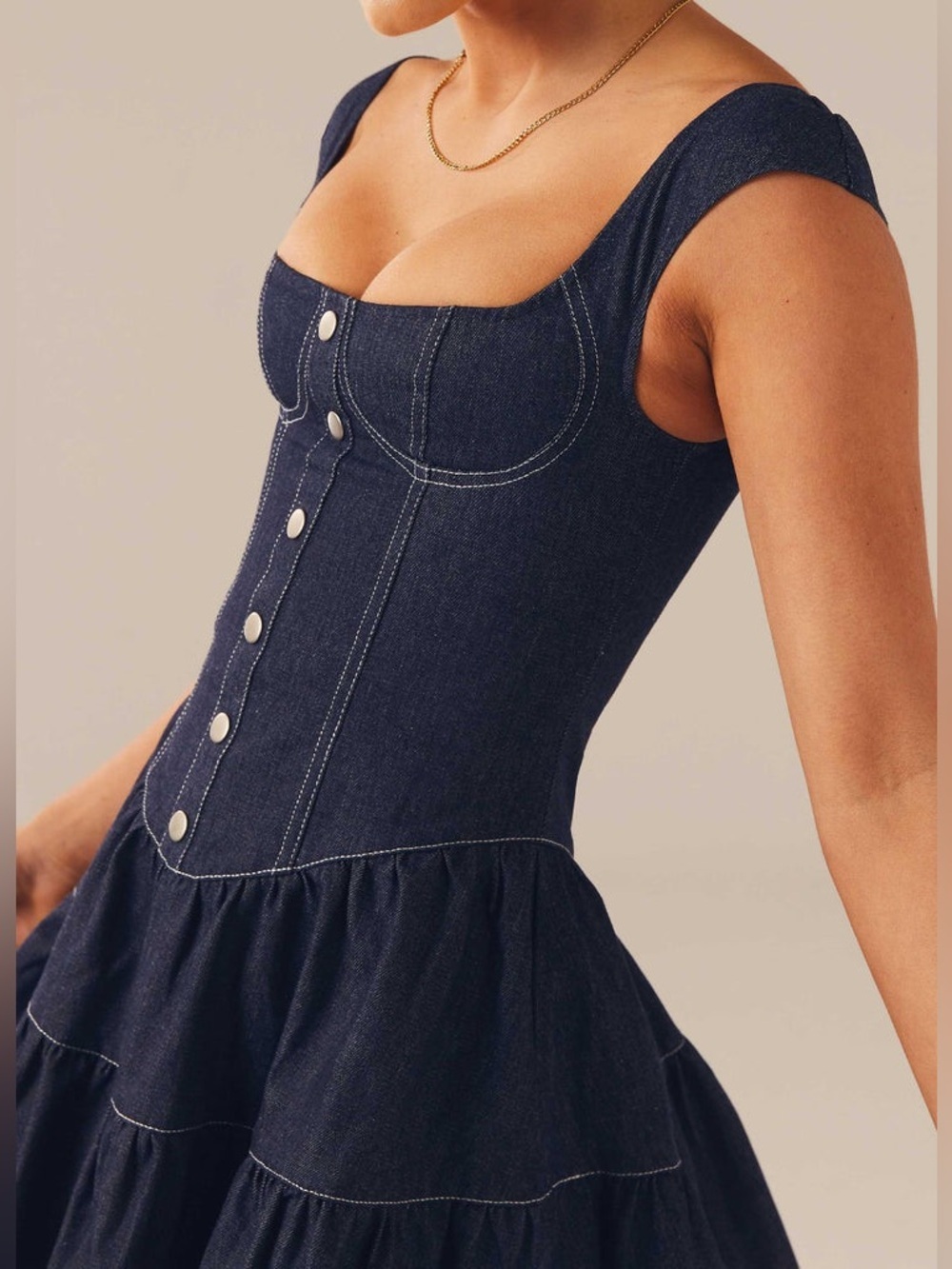 Peppermayo | Isabella Denim Bustier Dress Size 4 Blue Fit Flare Cap Sleeves - Picture 7 of 15